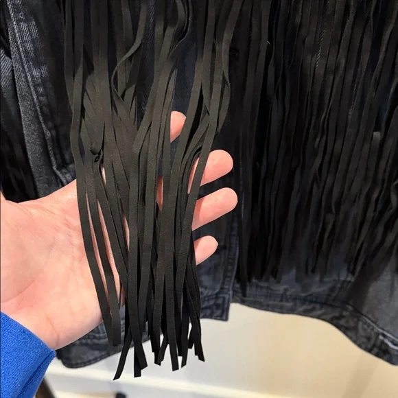 Free People Black Denim Fringe Jacket - Picture 3 of 4
